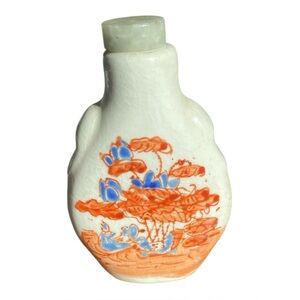 Vintage Asian Ironstone Snuff Bottle Hand Painted Red Blue Floral 3” Tall